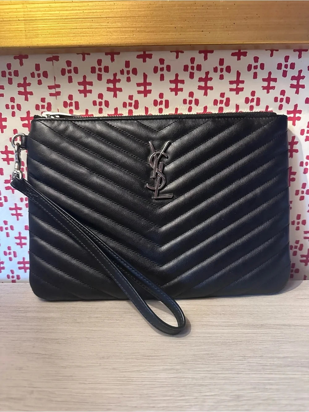 Saint Laurent Cassandre Leather Wristlet Pouch, Black + Silver YSL Logo